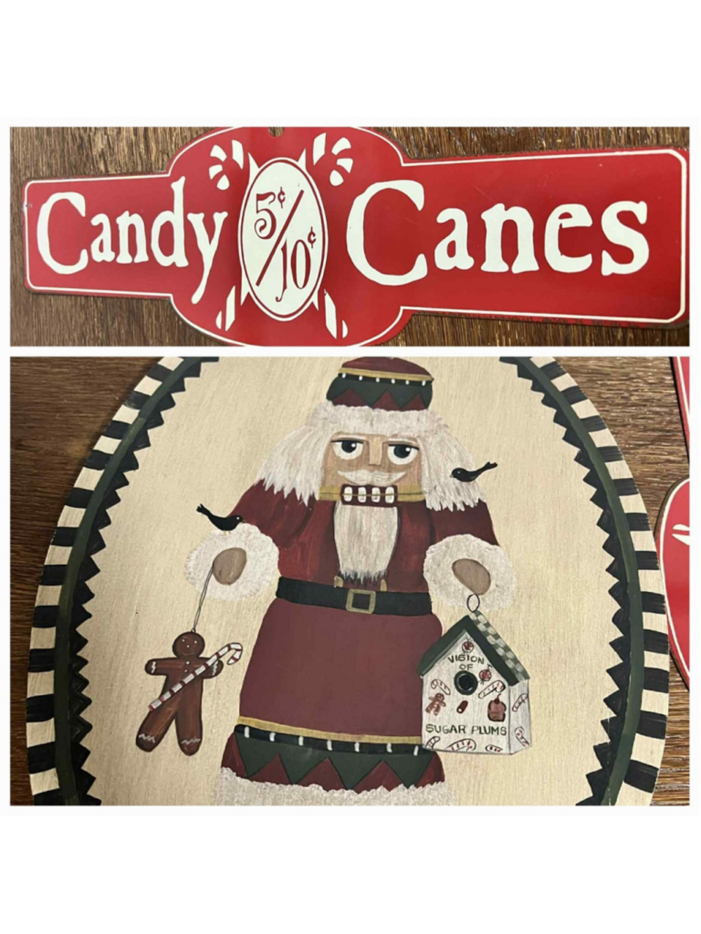 Set of 2 Christmas Wall Signs Wooden Santa Folk Art & Metal Candy Cane Sign